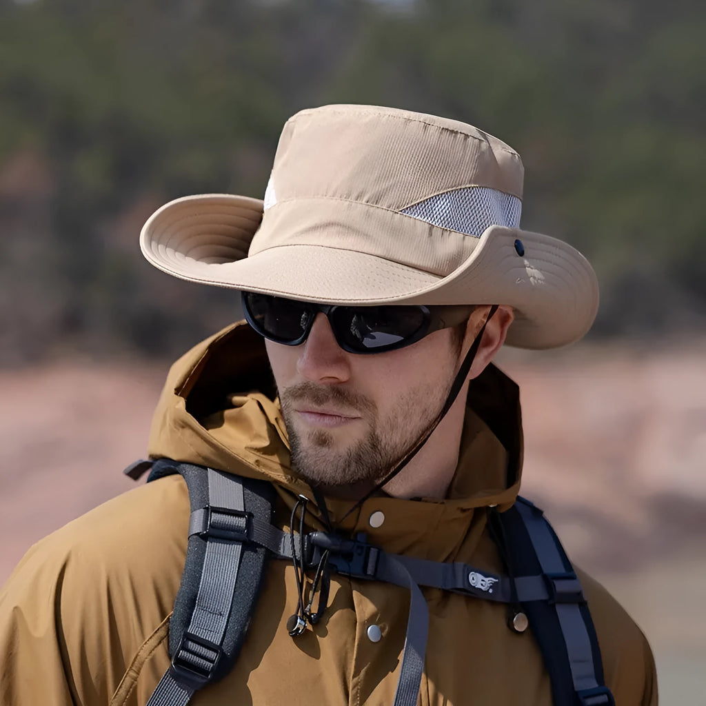 Men's polyester mesh sun protection bucket hat with flat top crown in army green, black, and navy blue