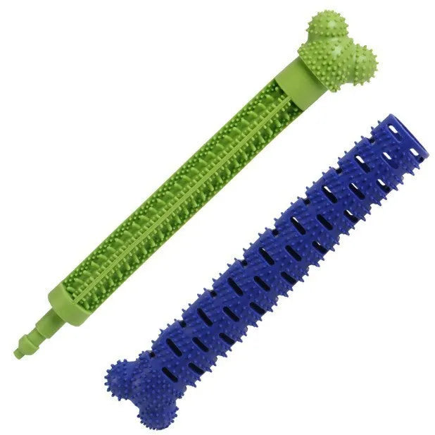 Blue green silicone dog molar tooth cleaner brushing stick with textured brush head and nodules