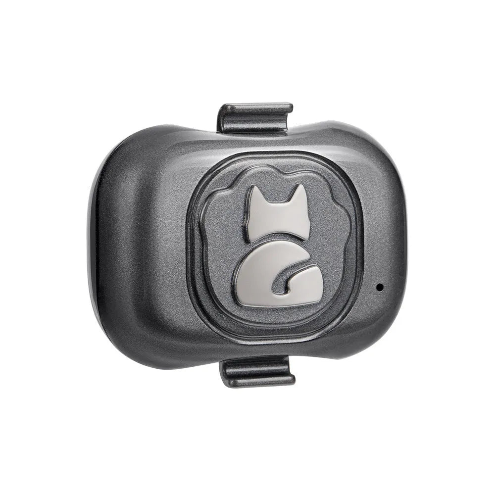 Black pet GPS locator with hanging rope for attachment to dog or cat collars