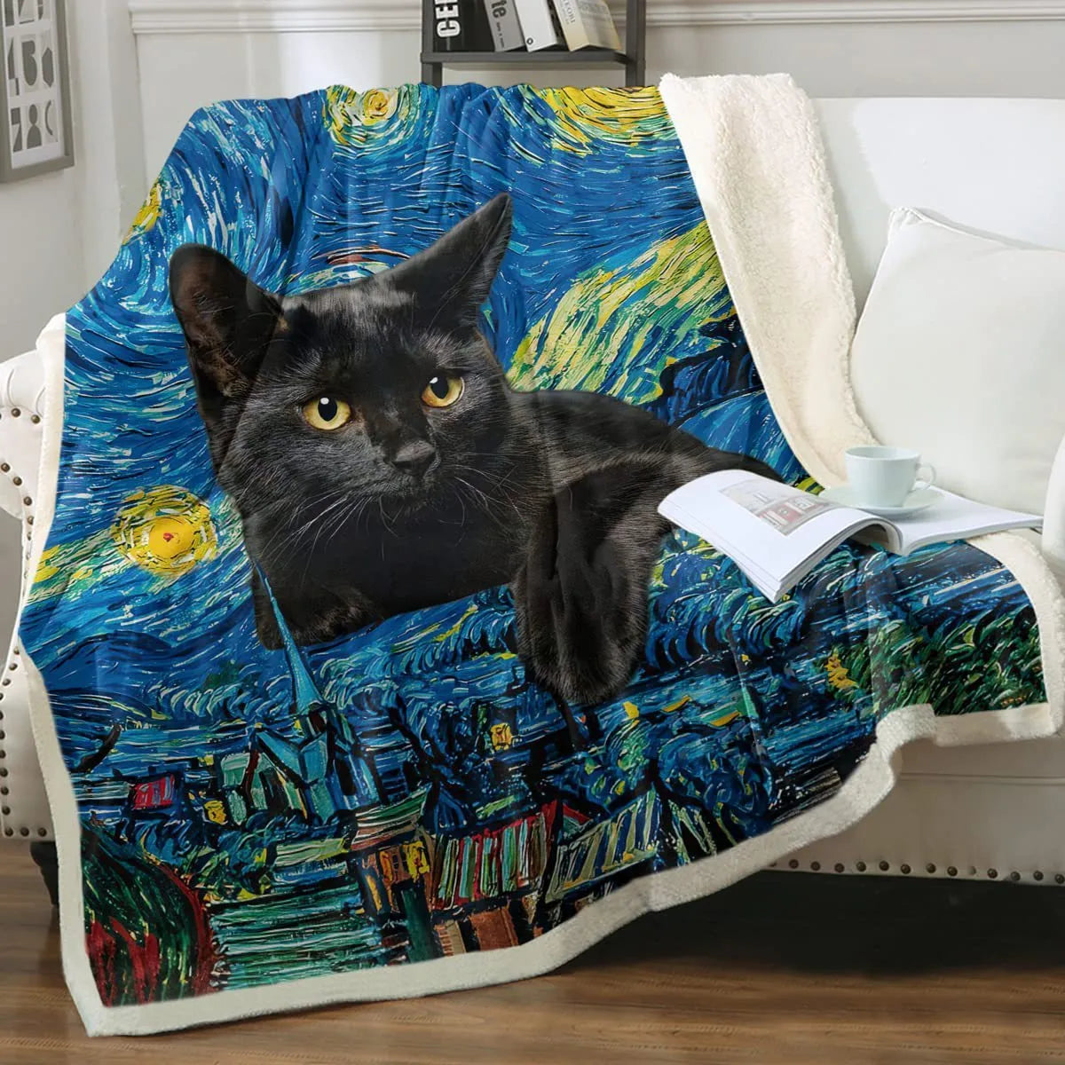 Cat sherpa blanket with animal pattern printing double layer children polyester fibre throw in multiple colours and sizes