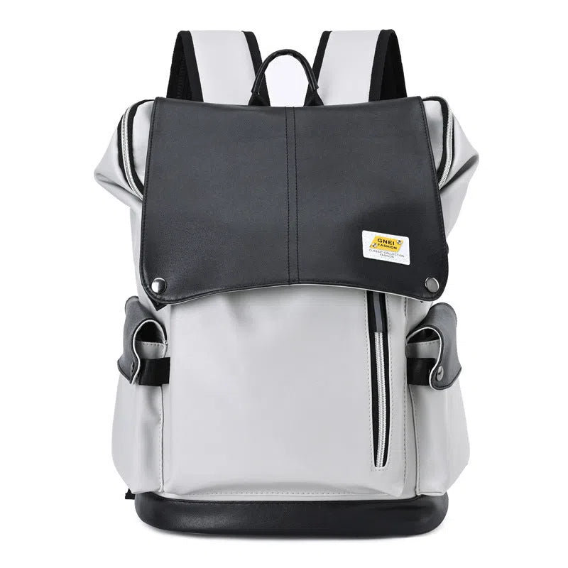 Large-capacity black water-resistant PU leather backpack for students, 16-inch size, featuring curved shoulder straps and solid colour finish