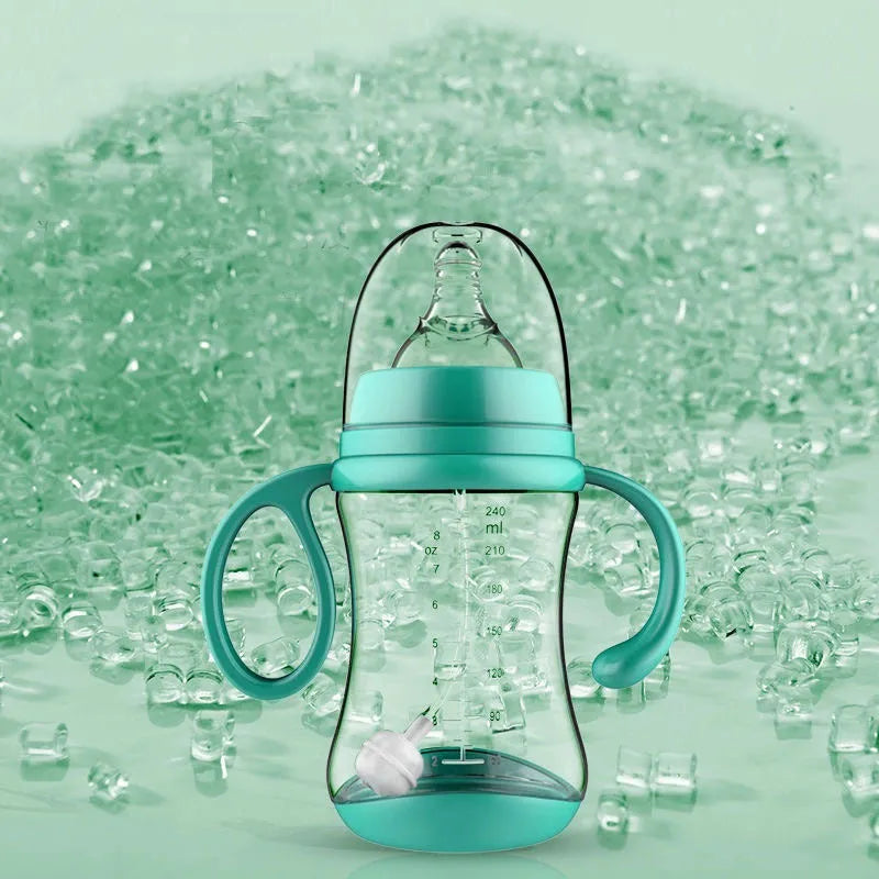 BPA-free PP baby feeding bottle with double handles, wide calibre, 180mL capacity, pink colour