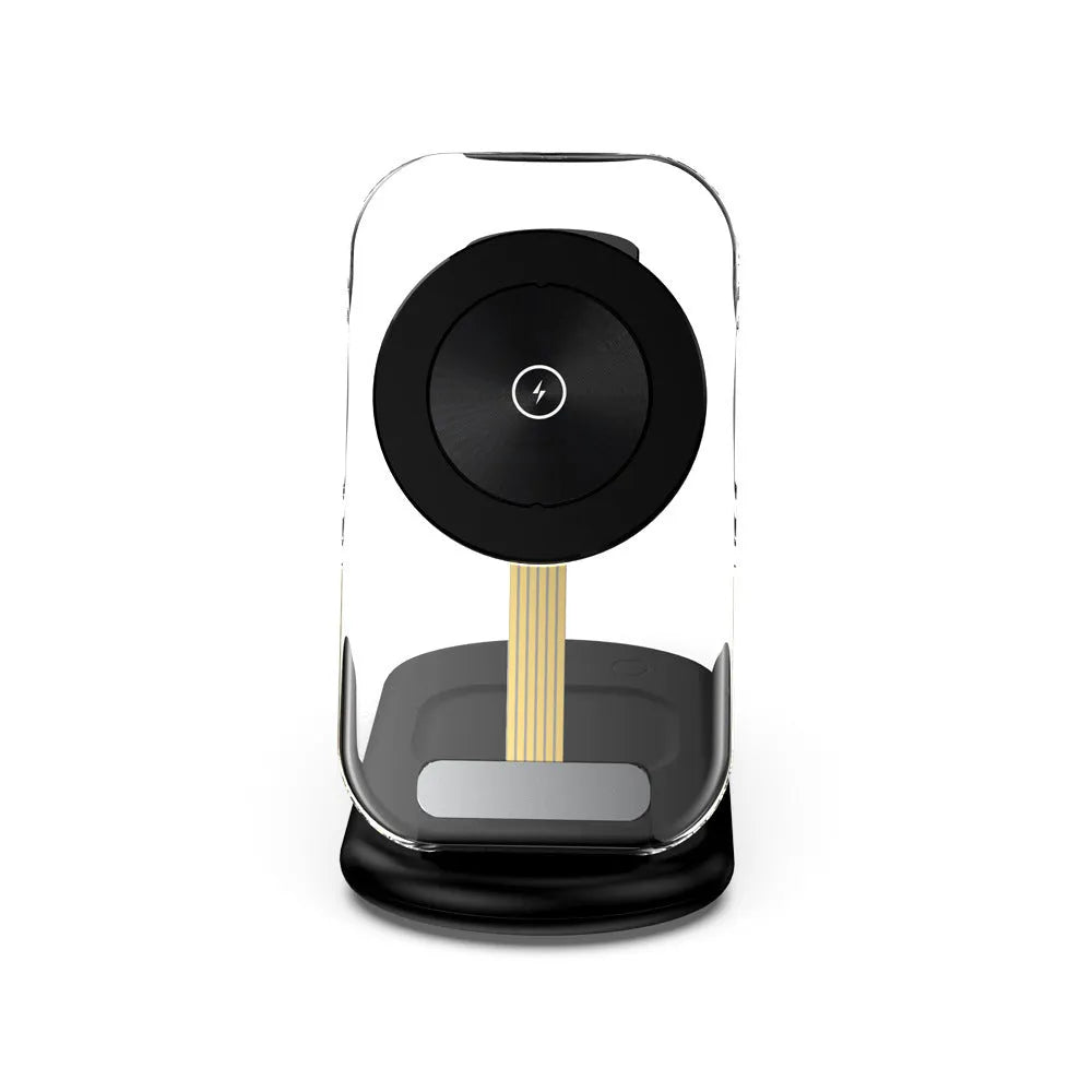Transparent folding magnetic wireless charger in black colour showing three charging areas