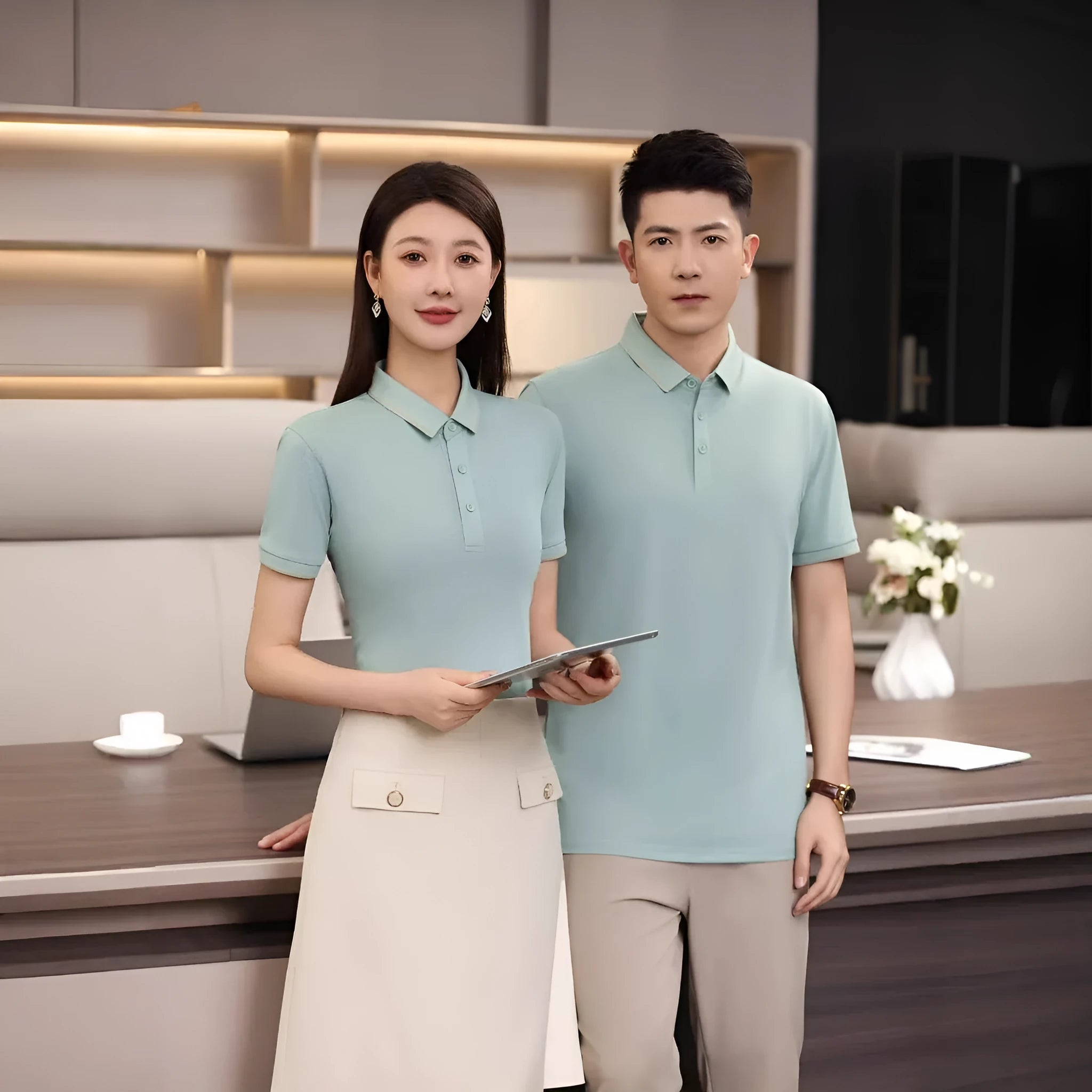 Men's light green loose-fit polo shirt with short sleeves and a single collar lapel, laid flat.