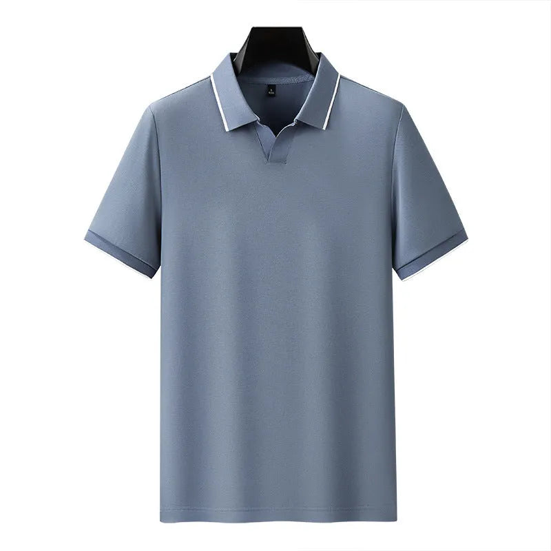 A cotton blend short sleeve polo shirt with a lapel collar, shown in a solid colour.