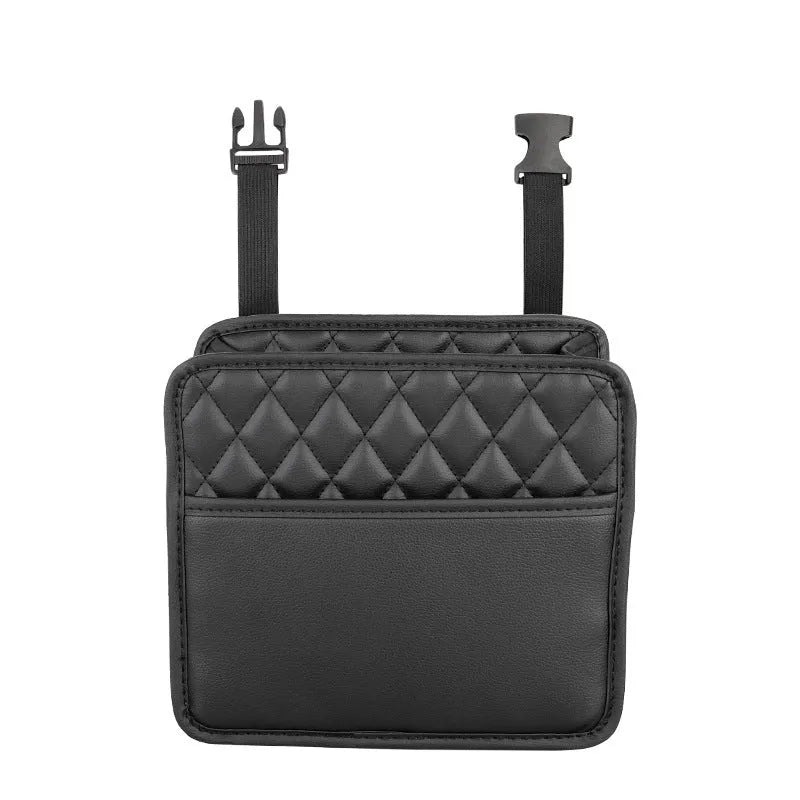Leather car interior hanging storage bag in black, pink, green and white colours