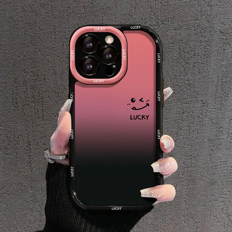 Cream coloured acrylic phone case with black gradient love heart design, showing fine-hole cut-outs for ports.