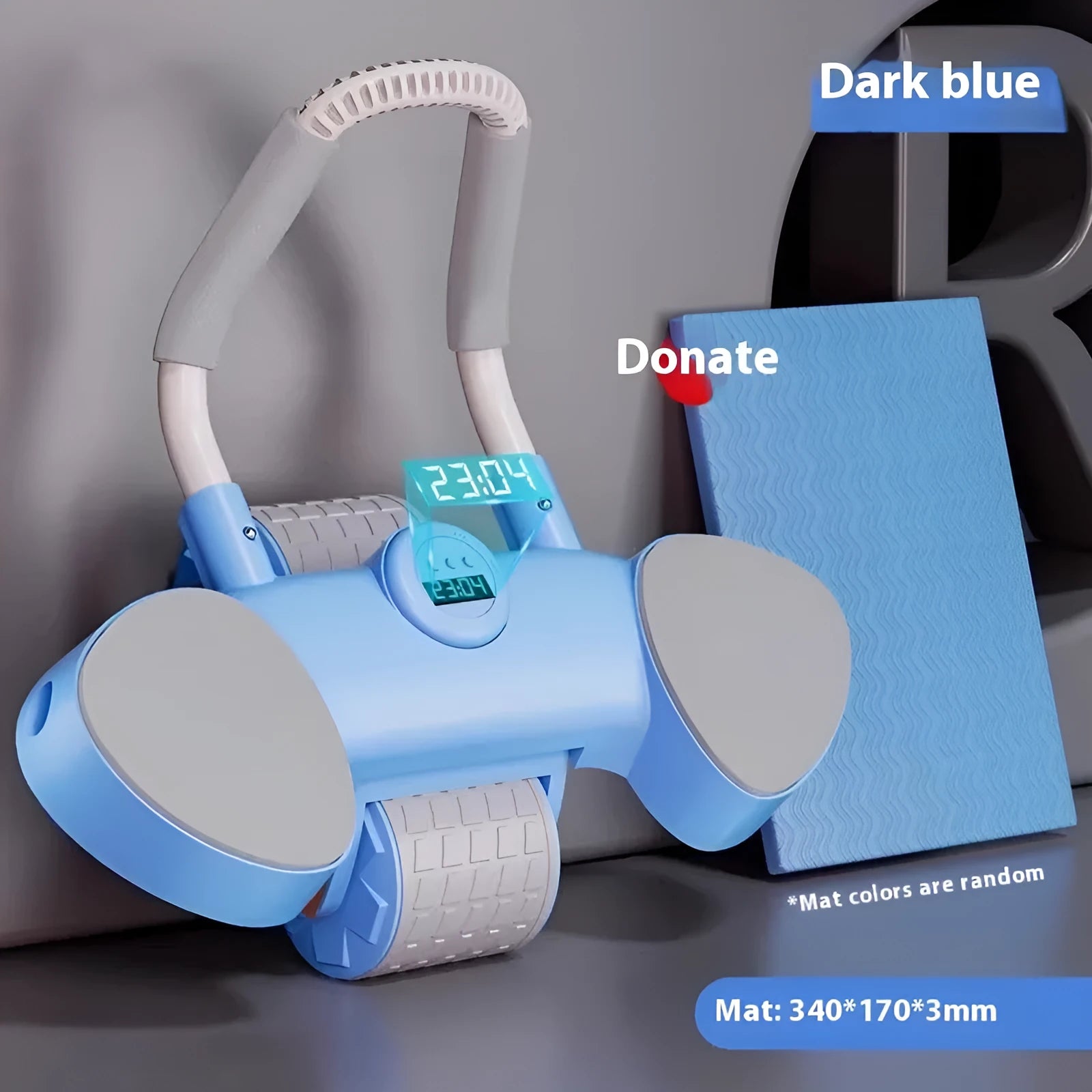 Abdominal wheel fitness equipment with automatic rebound and elbow support in blue colour