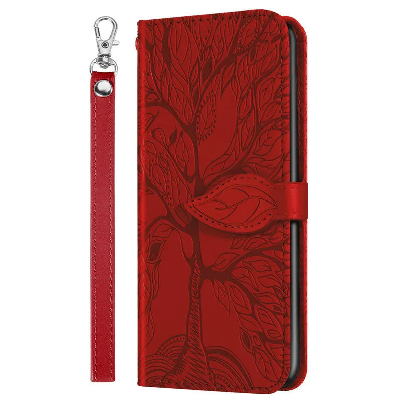 Flip retro lucky tree embossed leather phone case for Samsung with protective kickstand in Lake Blue colour