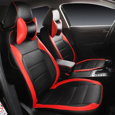 Universal fit leather car seat cover in binding style, shown in beige, black with red line, and black with red colour options.