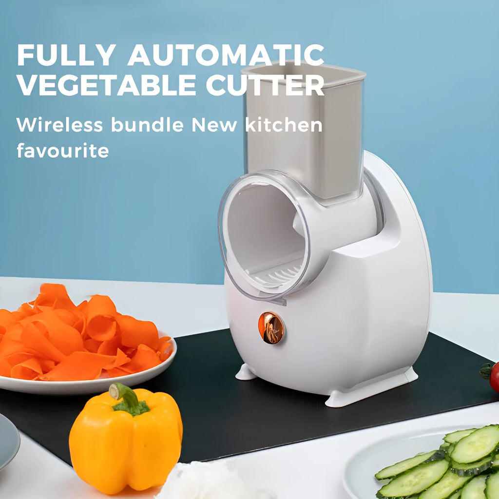 White electric vegetable slicer with rotary grater, strong suction base, and multiple blade attachments
