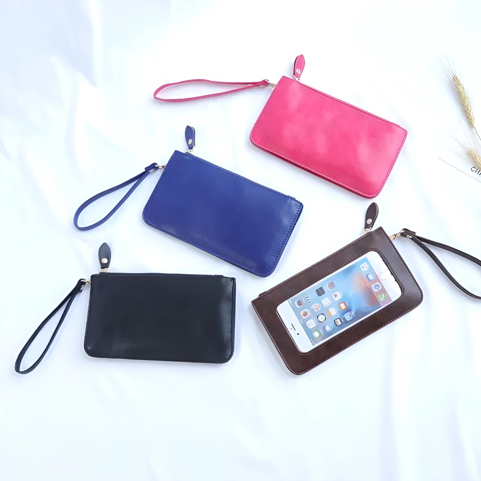 Mini touch screen phone bag with soft surface in blue, black, rose red, brown