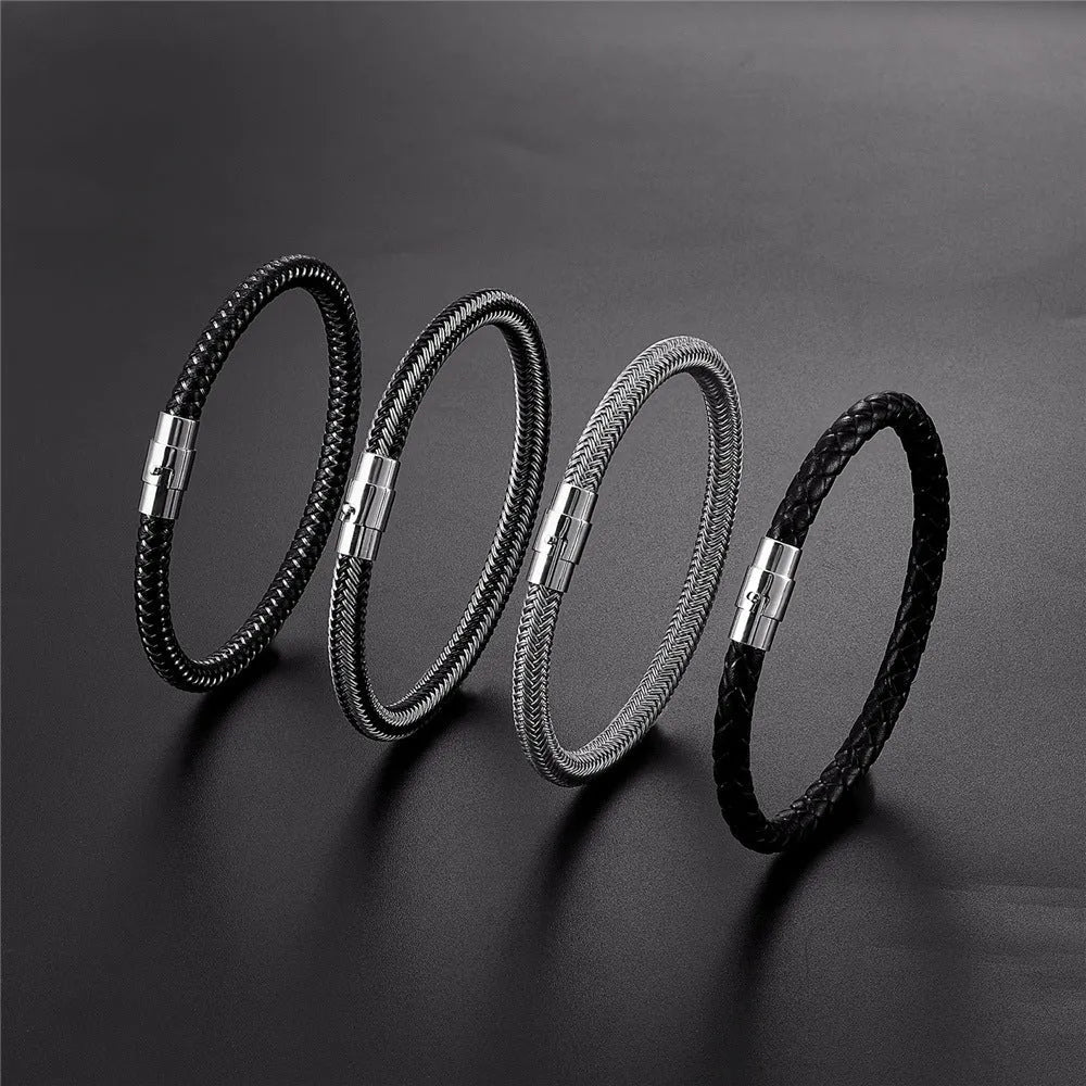 Men's titanium steel wire bracelet with geometric charm and magnet clasp in multiple colour options