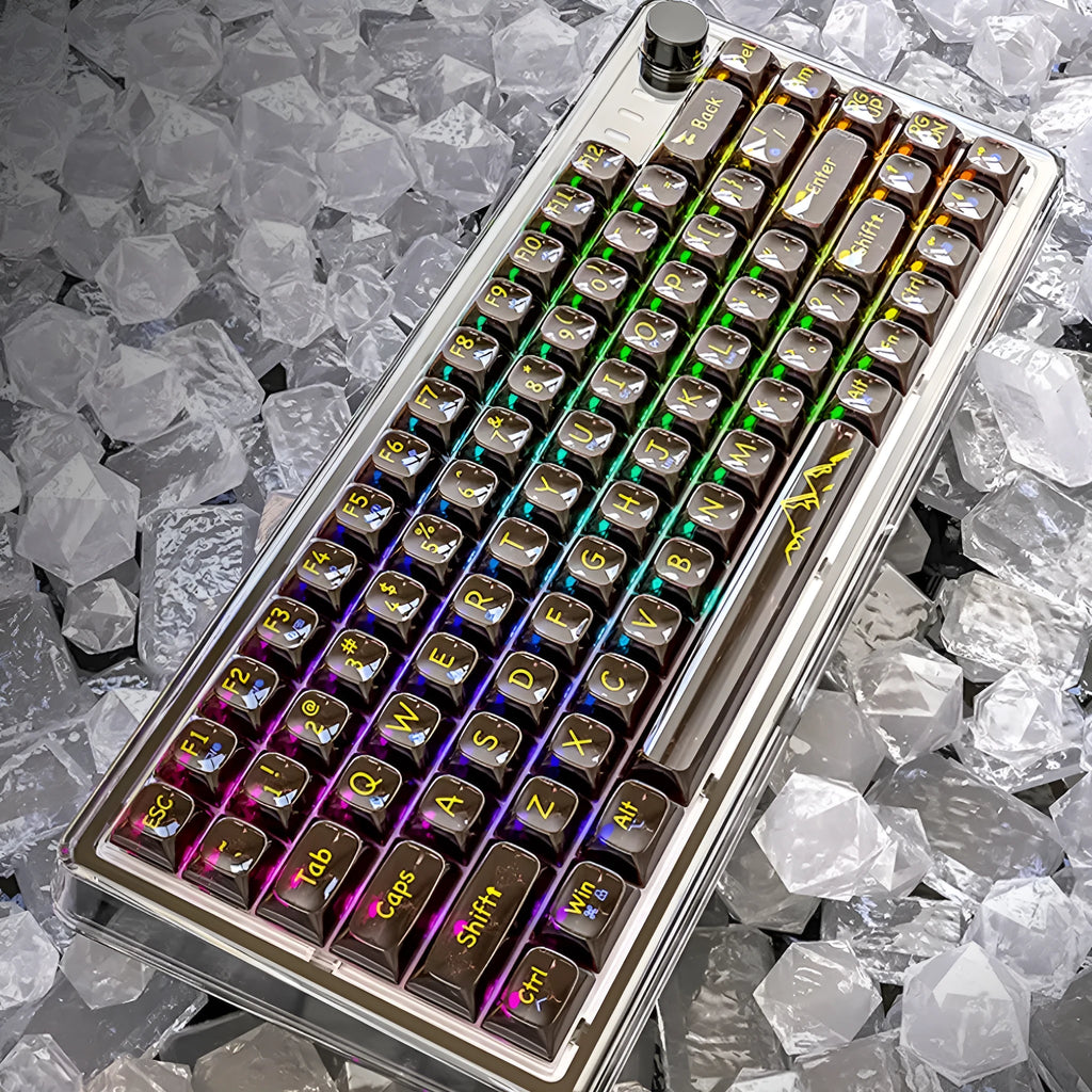 Attack Shark K75RGB white transparent wireless mechanical keyboard with RGB lighting on a desk