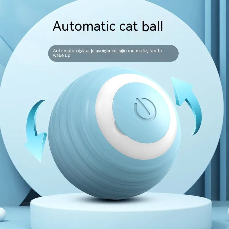 Automatic moving cat toy ball with silicone construction in blue and pink colour options