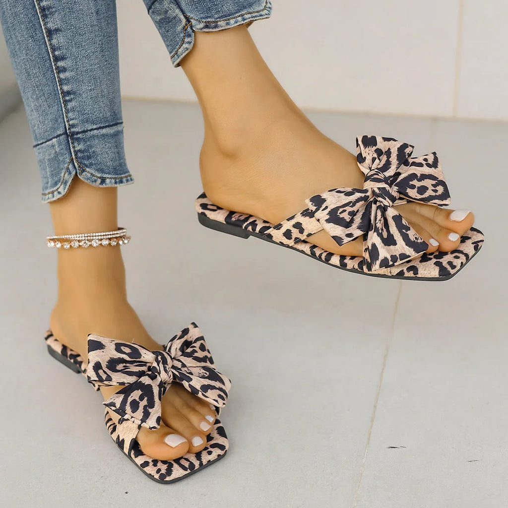 Women's leopard print square toe sandals with bow detail on cloth cover upper, rubber sole, in European American style.