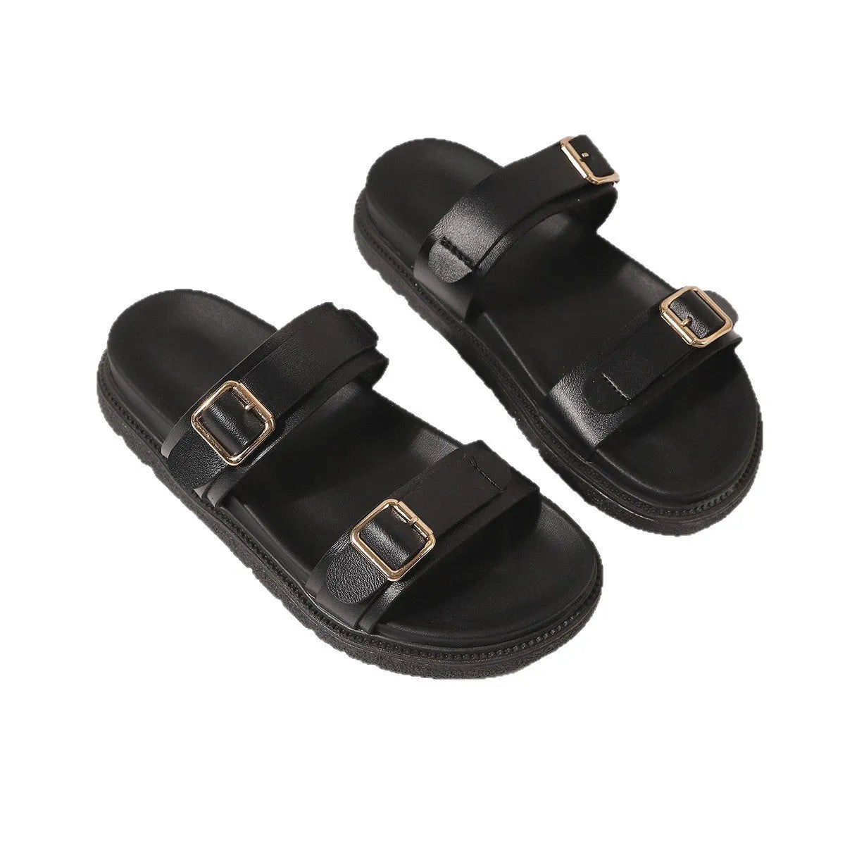 Women's black microfiber buckle strappy beach sandals with thick rubber sole on a surface