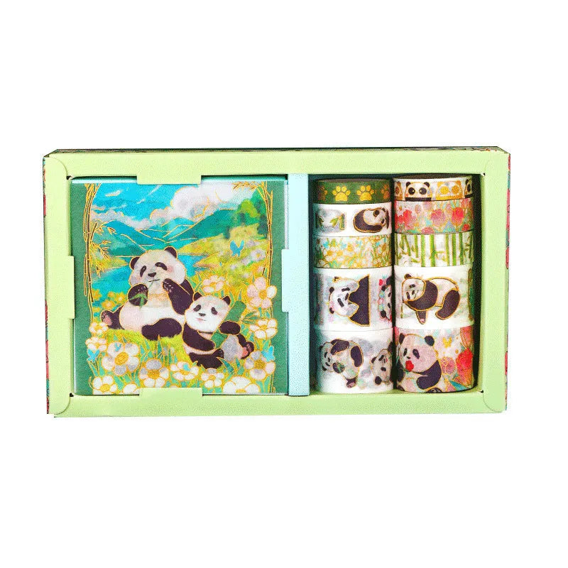 Paper adhesive tape roll with gold foil stickers and panda design, three width options