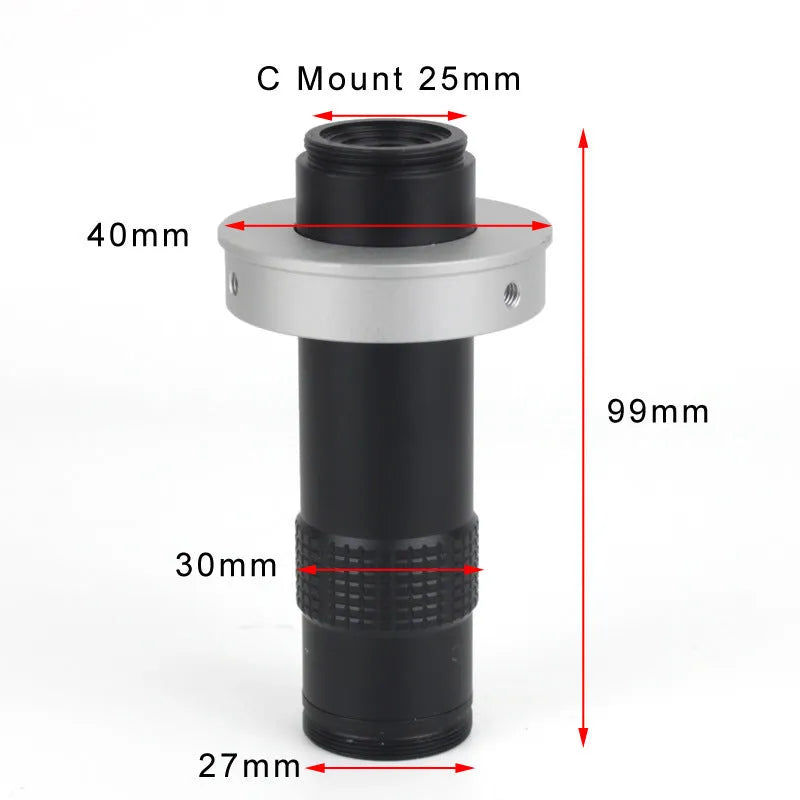Black anodised aluminium industrial camera monocular lens for high-magnification inspection.