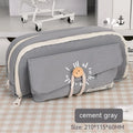 Canvas pencil case in green, beige, blue, or grey storing about 80 pens