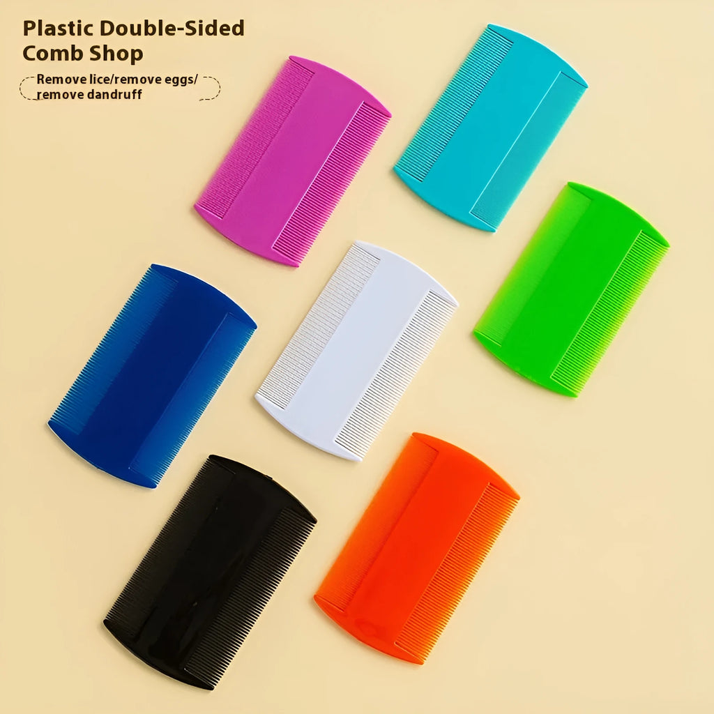 A plastic double-edged fine-toothed flea comb for pets and lice removal, shown in various colours.