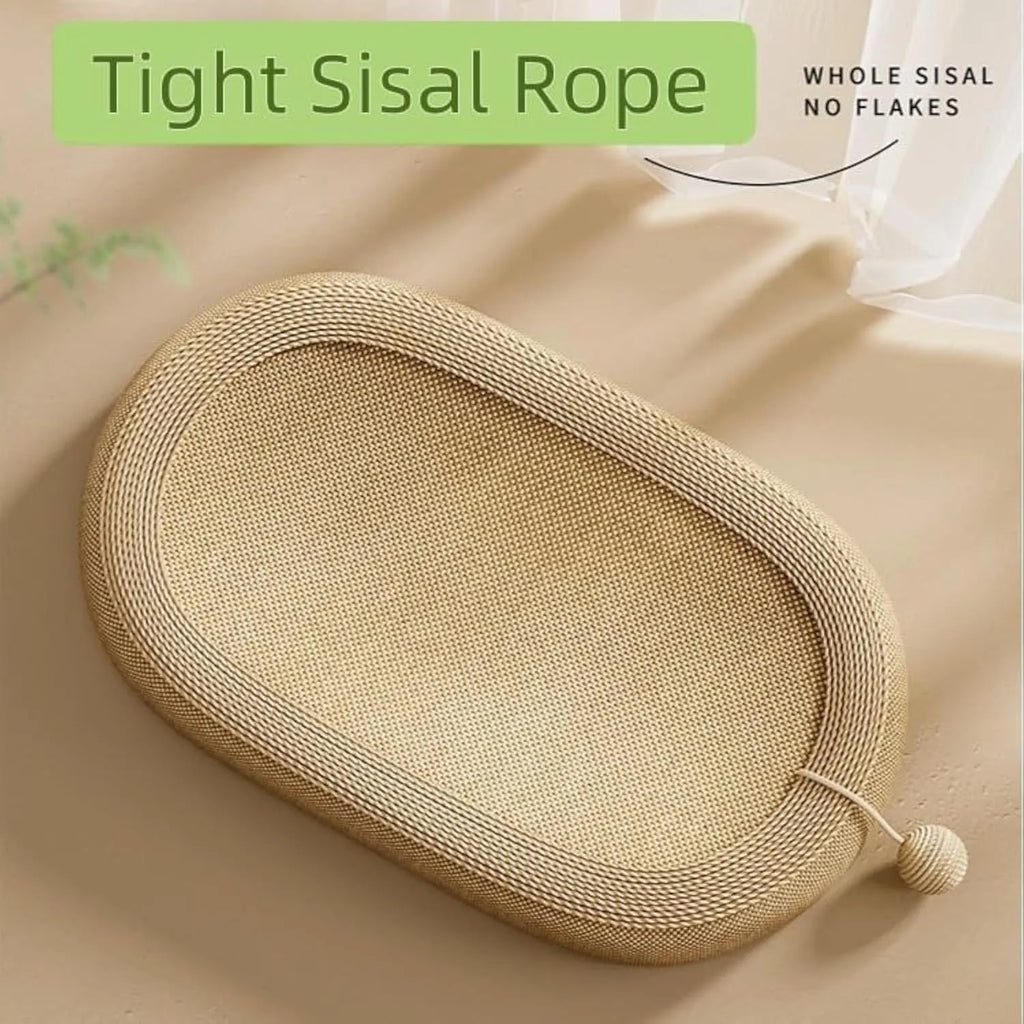 Large sisal fibre cat scratching board with a raised lounging bed platform on top.