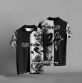 Black loose-fit casual t-shirt with 3D digital printing on the front, short sleeves.