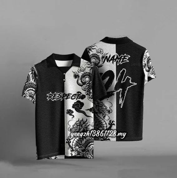 Black loose-fit casual t-shirt with 3D digital printing on the front, short sleeves.