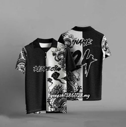 Black loose-fit casual t-shirt with 3D digital printing on the front, short sleeves.
