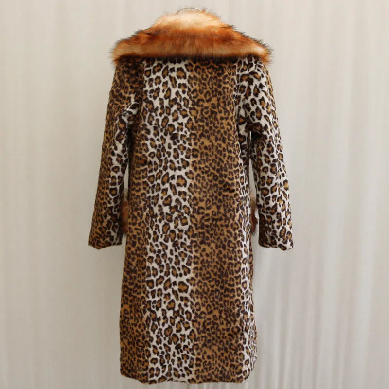 Women's leopard print artificial fur jacket with regular sleeves and 80cm length