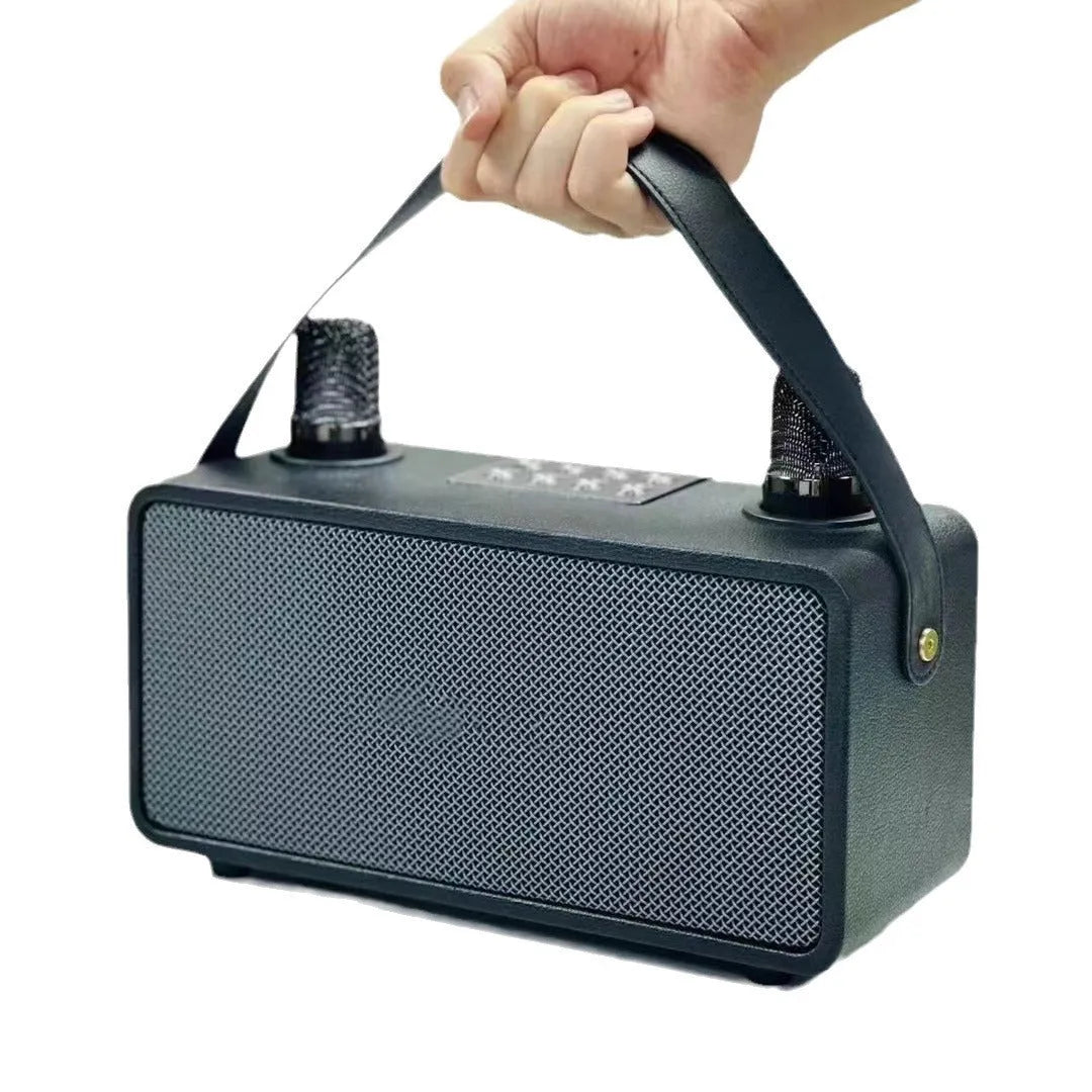 Black, square gray, or flower blue Bluetooth karaoke speaker with microphone, 20W, lithium battery, and card insertion.