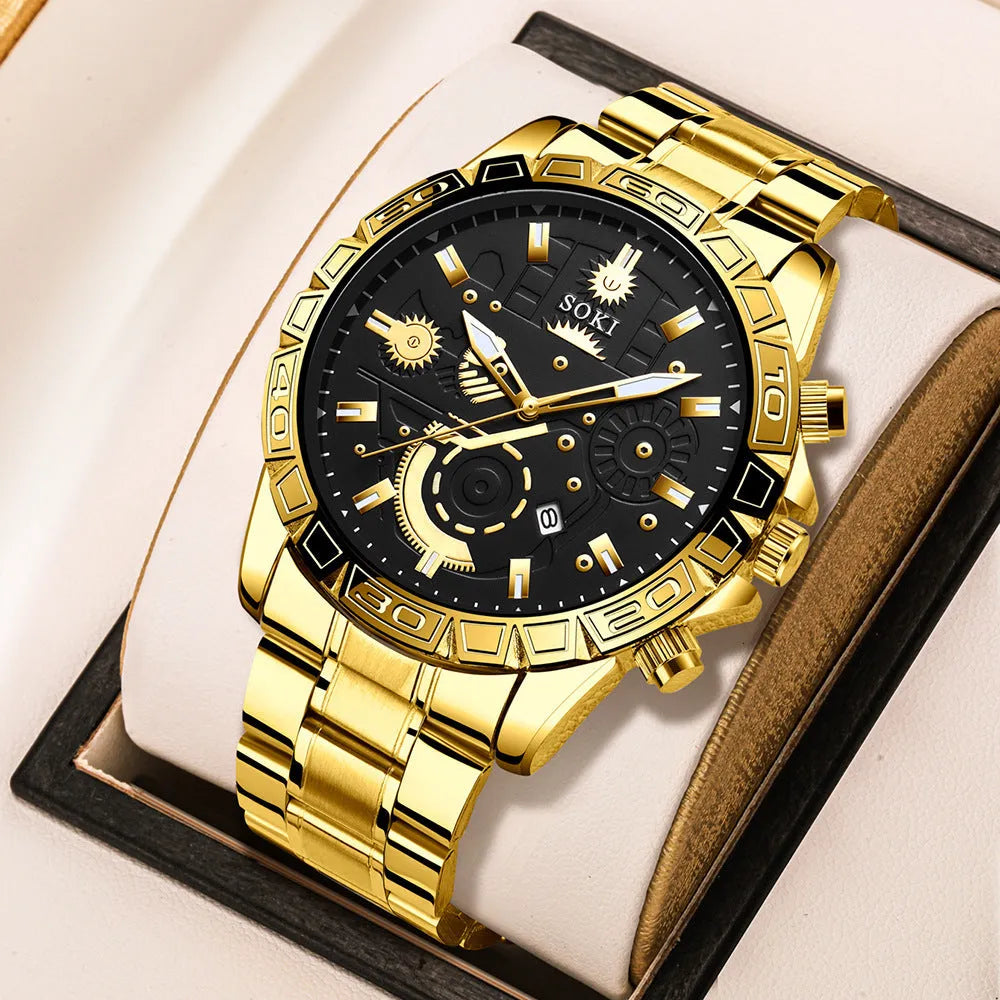 Men's gold-colour stainless steel business watch with calendar display on white dial