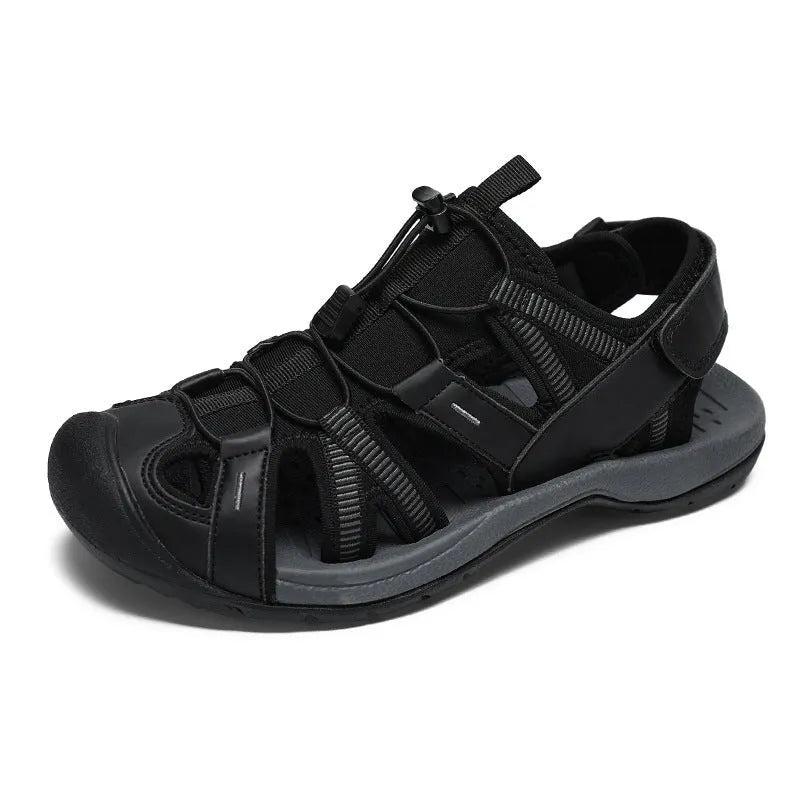 Men's blue outdoor sports shoes with velcro straps and a mesh upper on a rubber sole.