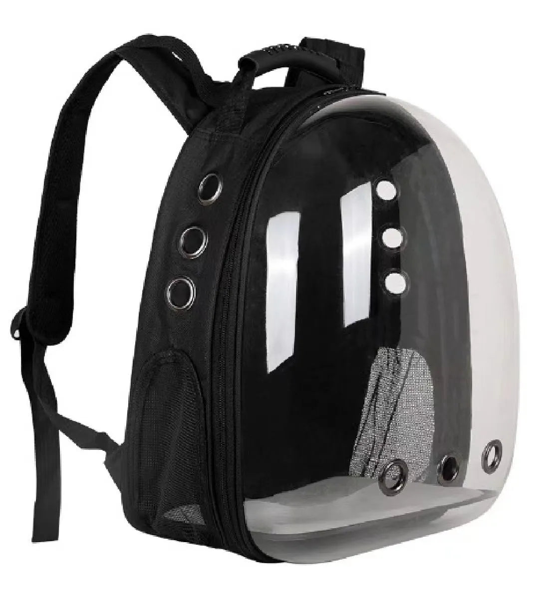 Grey astronaut dome-shaped cat carrier bag with a side opening for pet access.