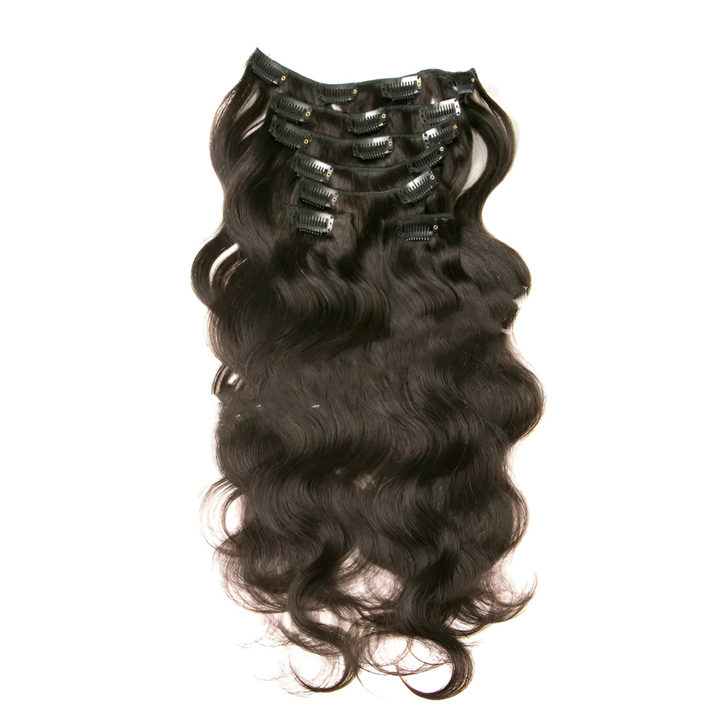 Seven-piece clip-in real hair extension set in black, lengths 16-24 inches, with Qi bangs style