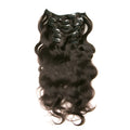 Seven-piece clip-in real hair extension set in black, lengths 16-24 inches, with Qi bangs style