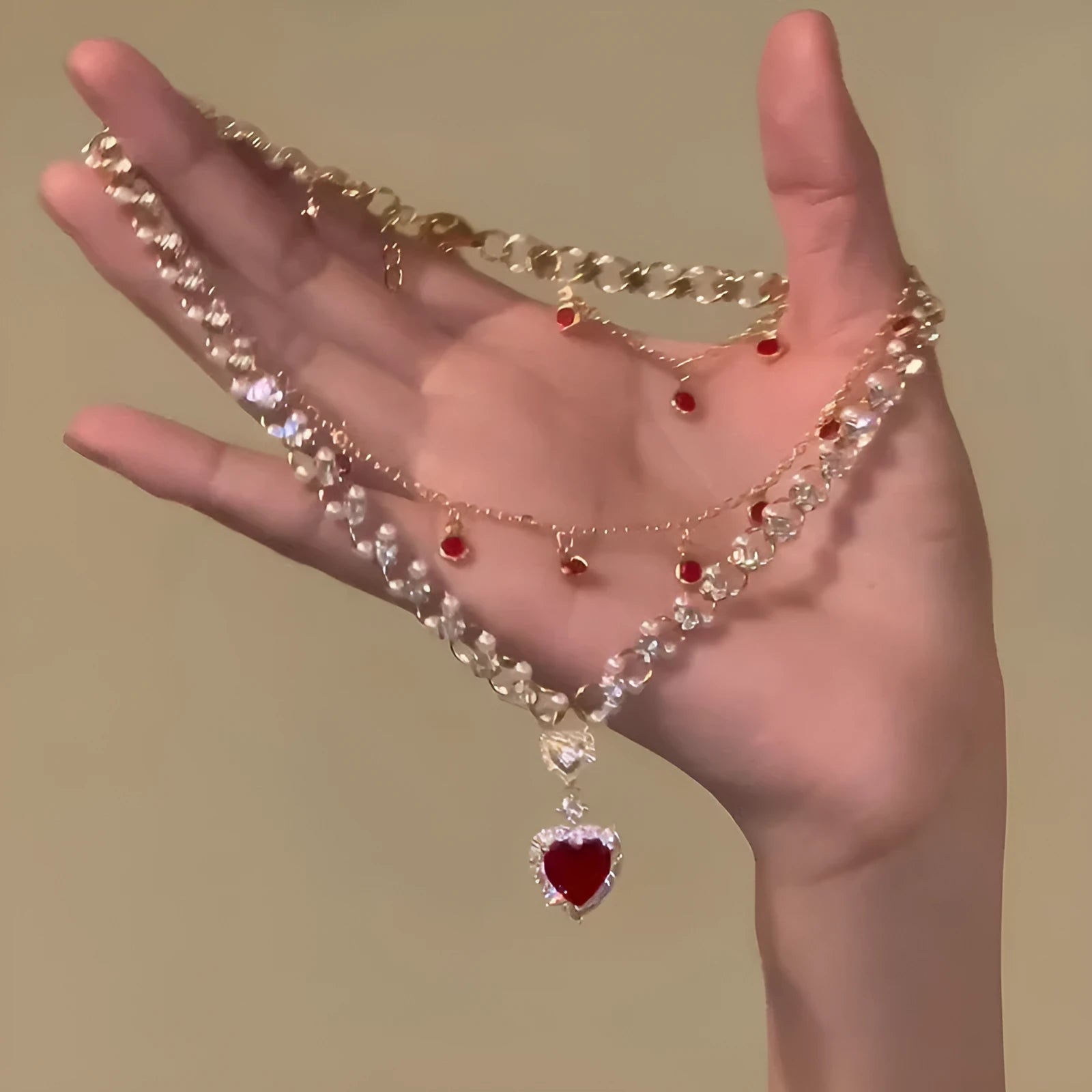 Red love heart pendant on double layer alloy necklace with adjustable chain