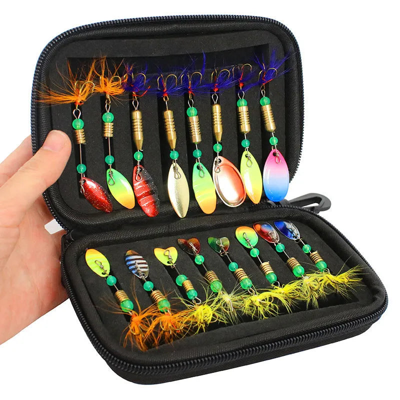 16-piece composite sequin fishing bait set in 1680D Oxford cloth and EVA case measuring 16x11x5 cm