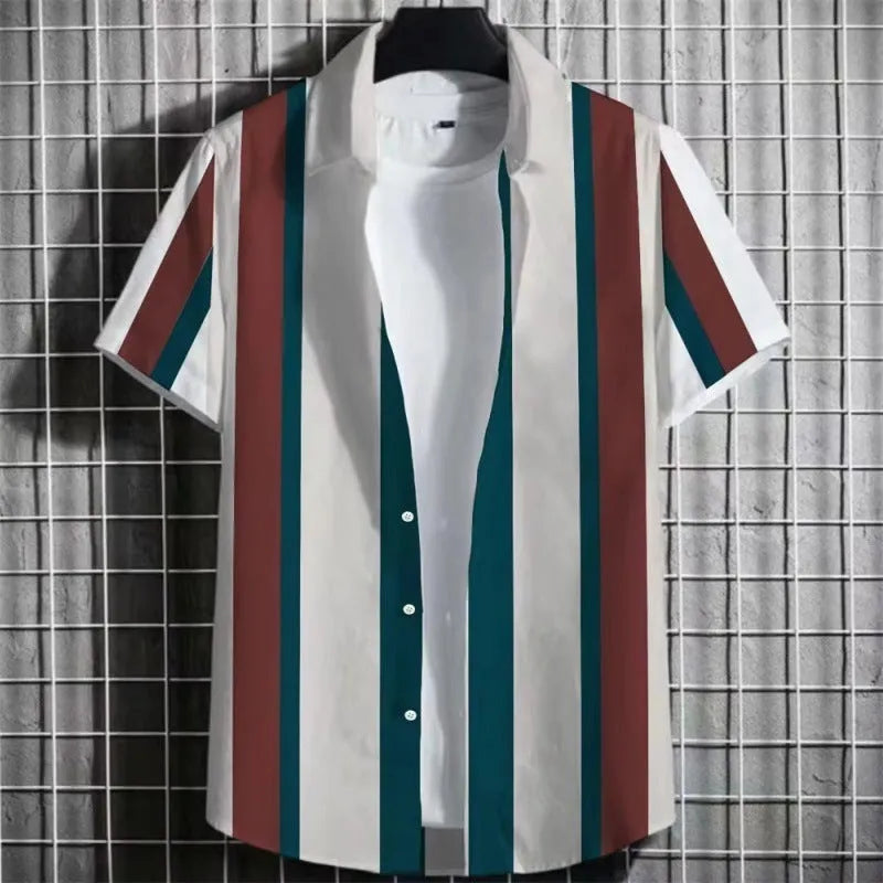 Men's linen blend short sleeve t-shirt with a colourful 3D striped print, shown in a solid colour.