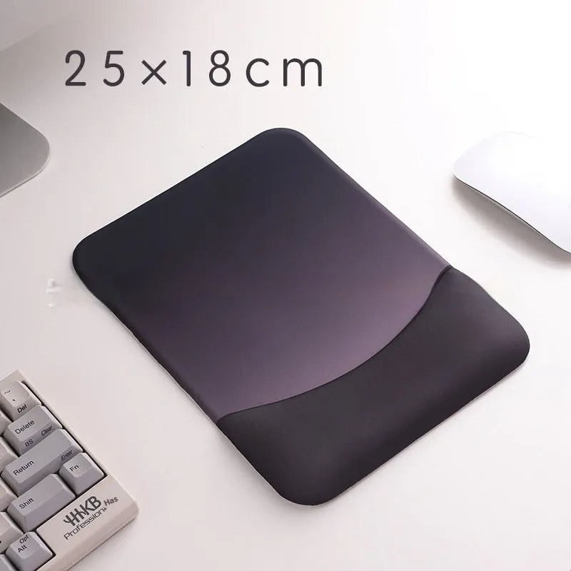 Square black silica gel wrist rest mouse pad with cloth surface on a desk.