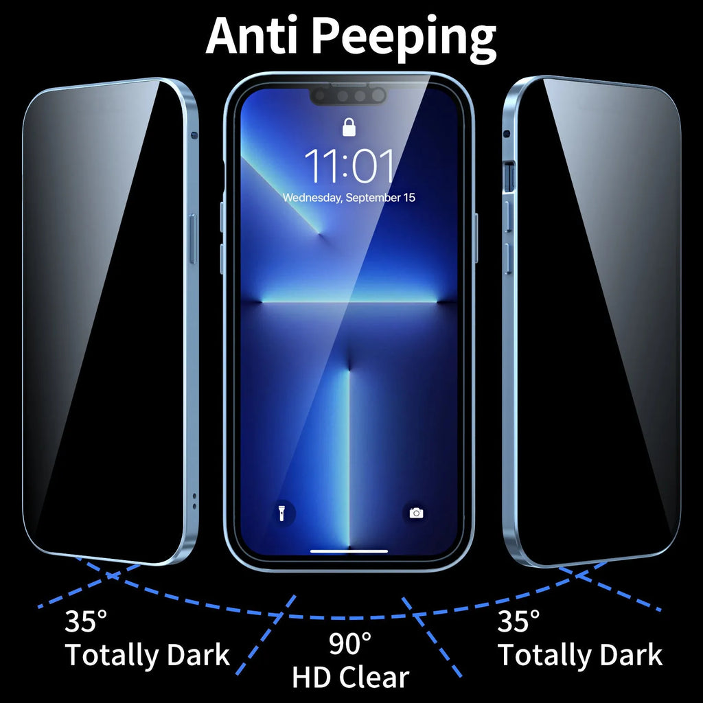 Magnetic iPhone case with metal frame in multiple colour options showing privacy-proof design