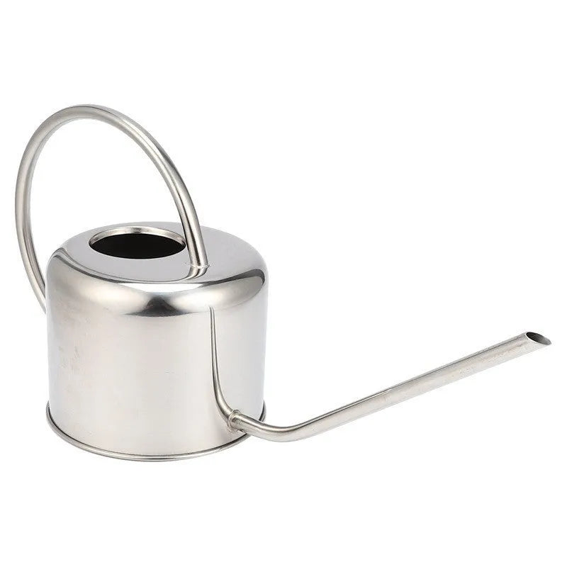 Stainless steel watering can with long spout showing black, gold, and silver colour options