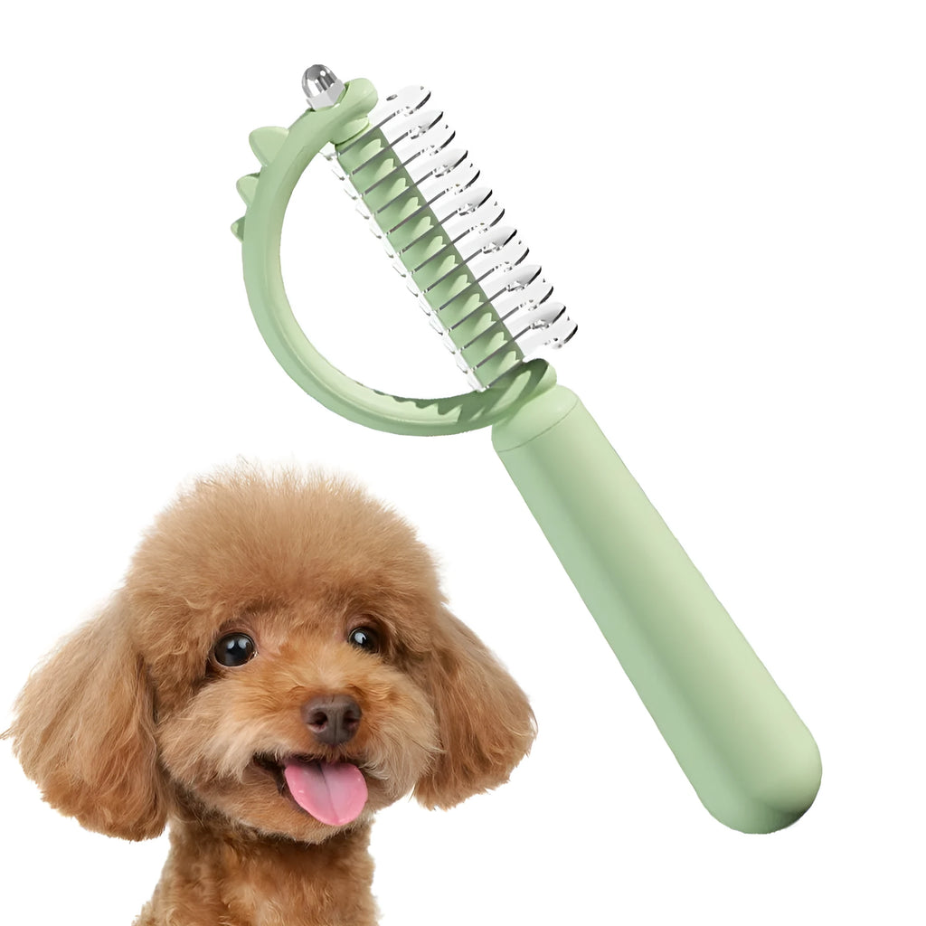 Blue dinosaur-shaped double-sided self-cleaning cat brush for grooming.