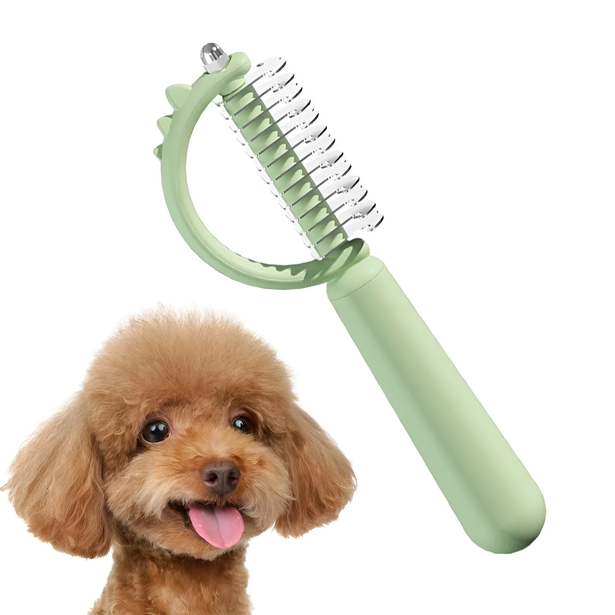 Blue dinosaur-shaped double-sided self-cleaning cat brush for grooming.