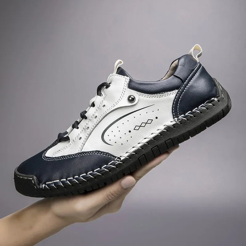 Handmade stitching casual leather shoes for men, low heel PU upper, round toe, lace-up, beige colour