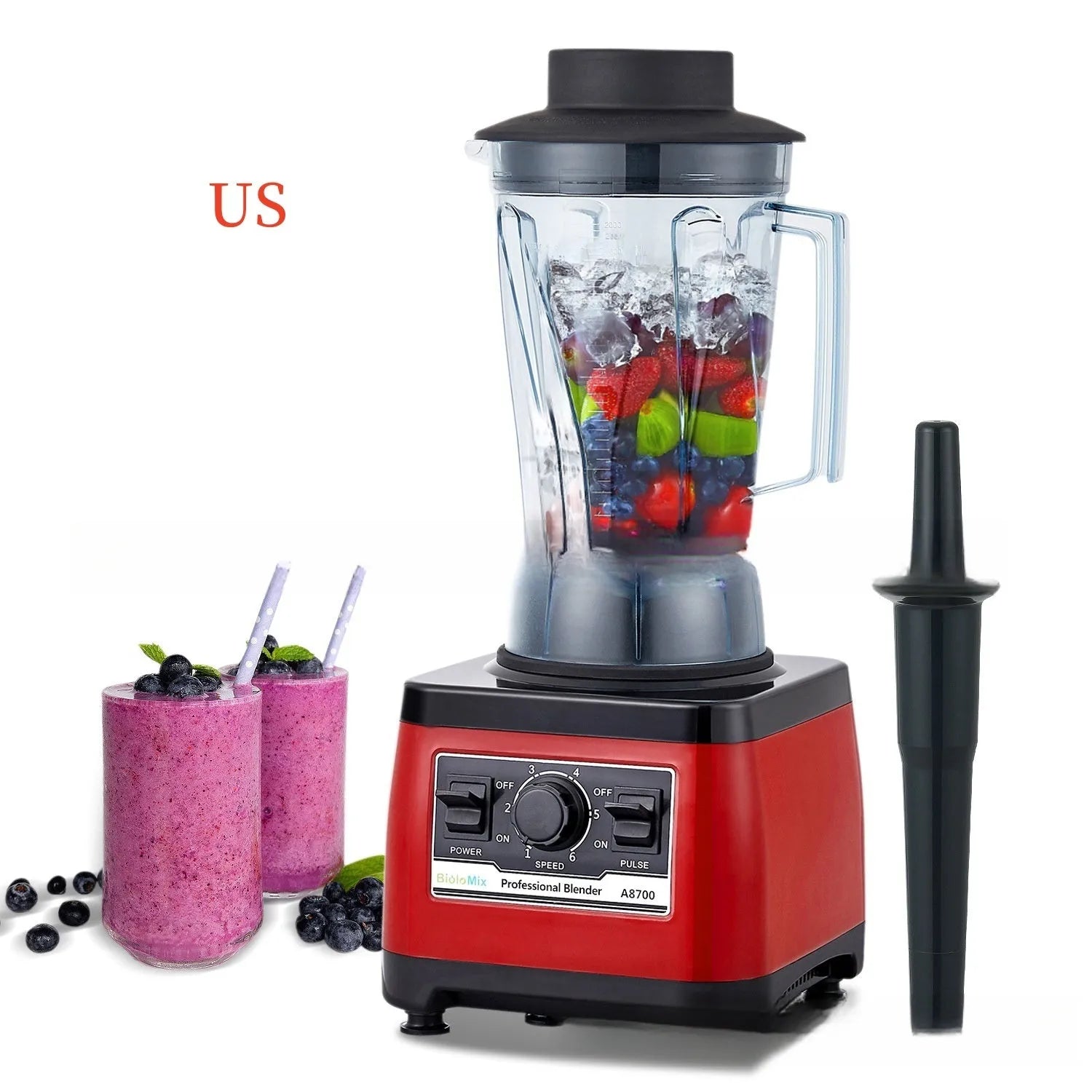 Red commercial blender model A8700 with 2L jug and 2200W motor.