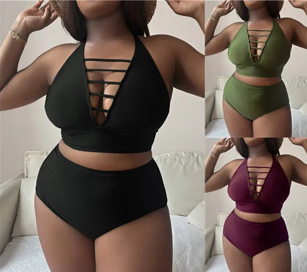 A plus size woman modelling a solid colour halter bikini with adjustable cross-back straps and high-waist briefs.