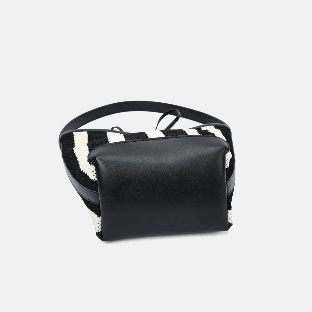 Black and white striped woven fabric women's bucket shoulder bag