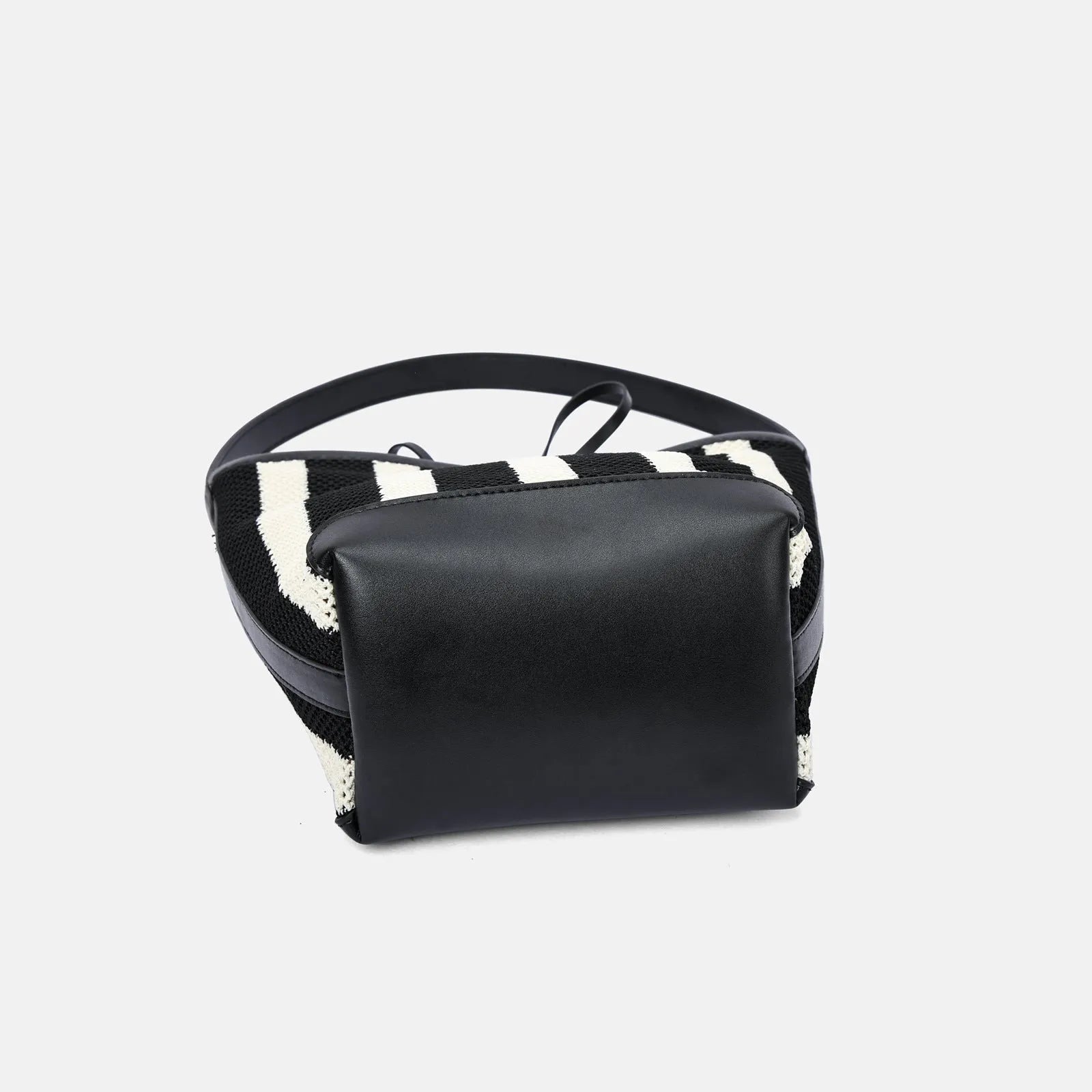 Black and white striped woven fabric women's bucket shoulder bag