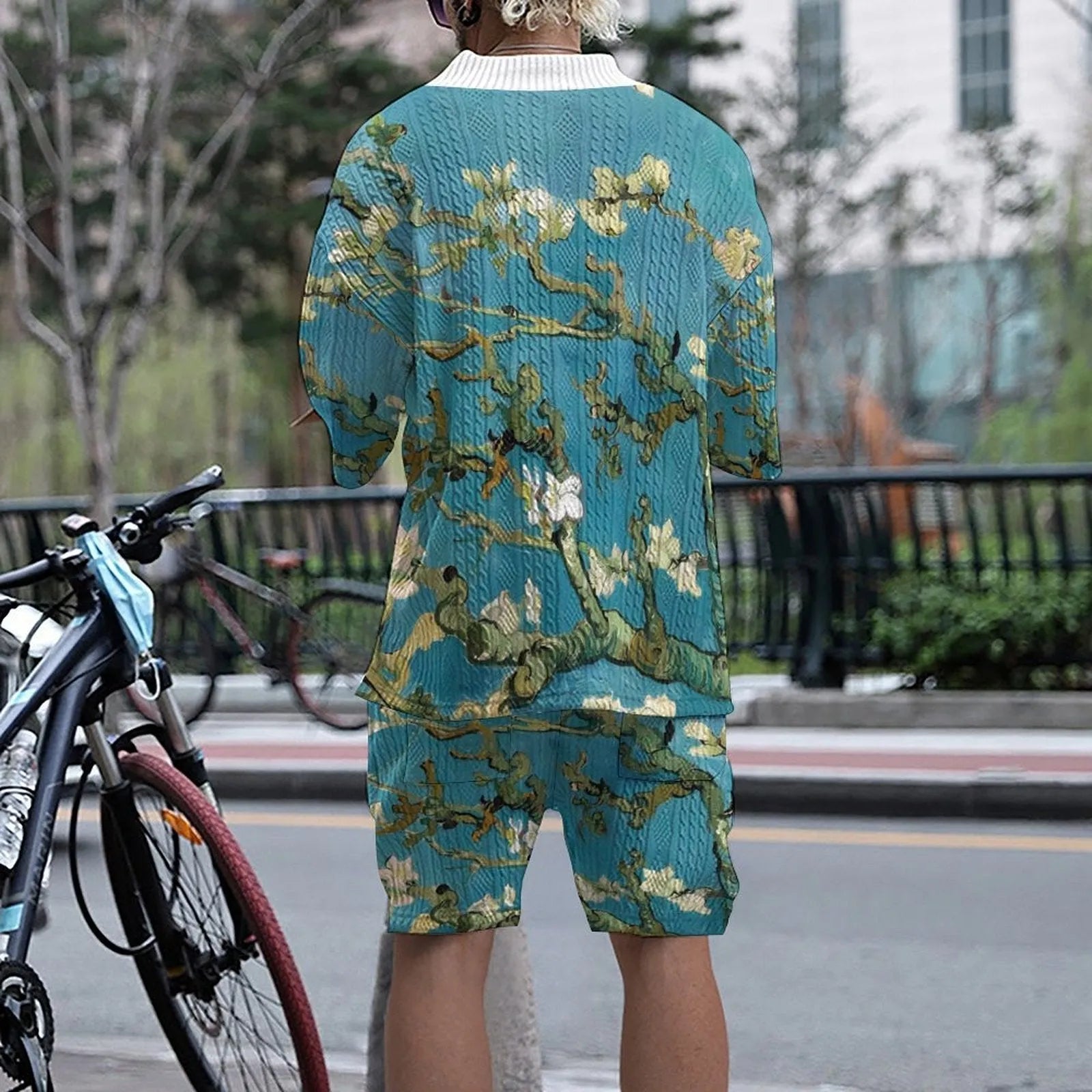 Men's peacock blue 3D printed knit shorts suit set with matching T-shirt